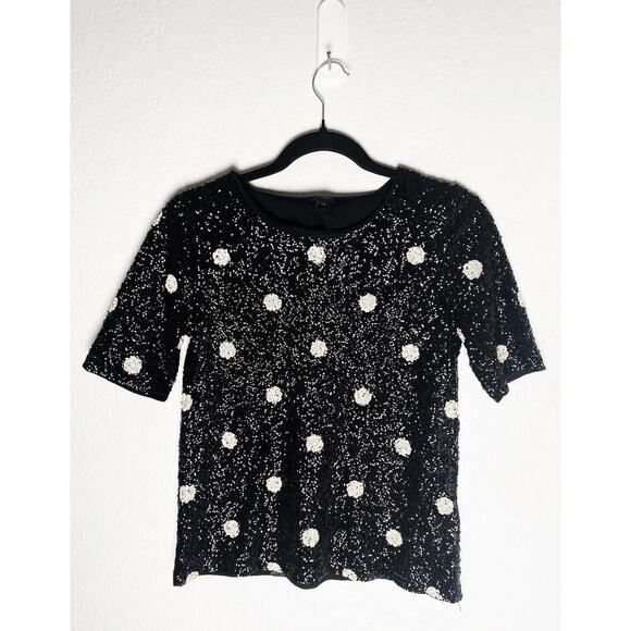 J. Crew Women's Sequin Short Sleeve Top Black White Polka Dots Blogger Favorite - Picture 4 of 11